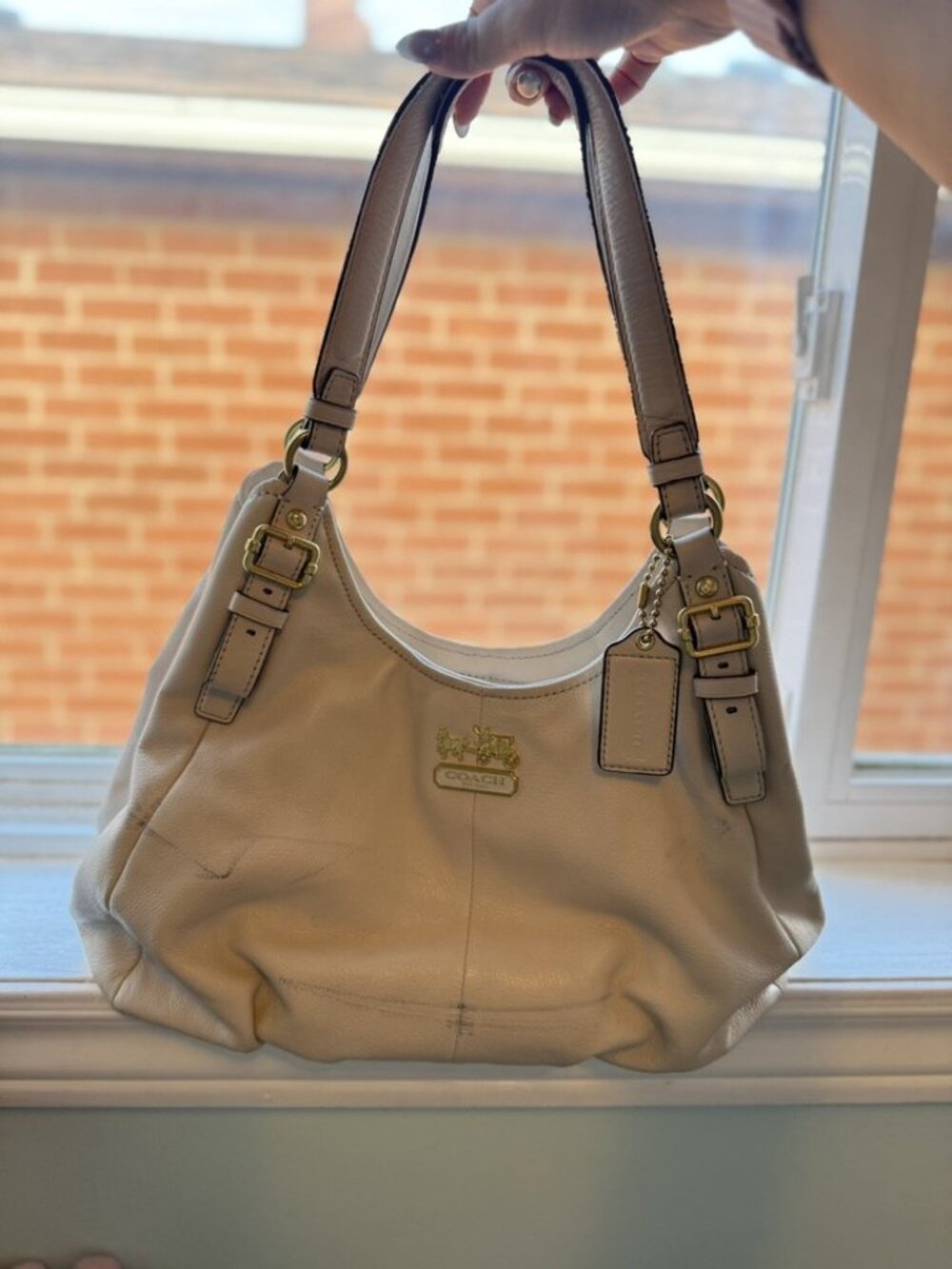 Coach Ashley Beige/White Leather Carryall Tote Shoulder Bag